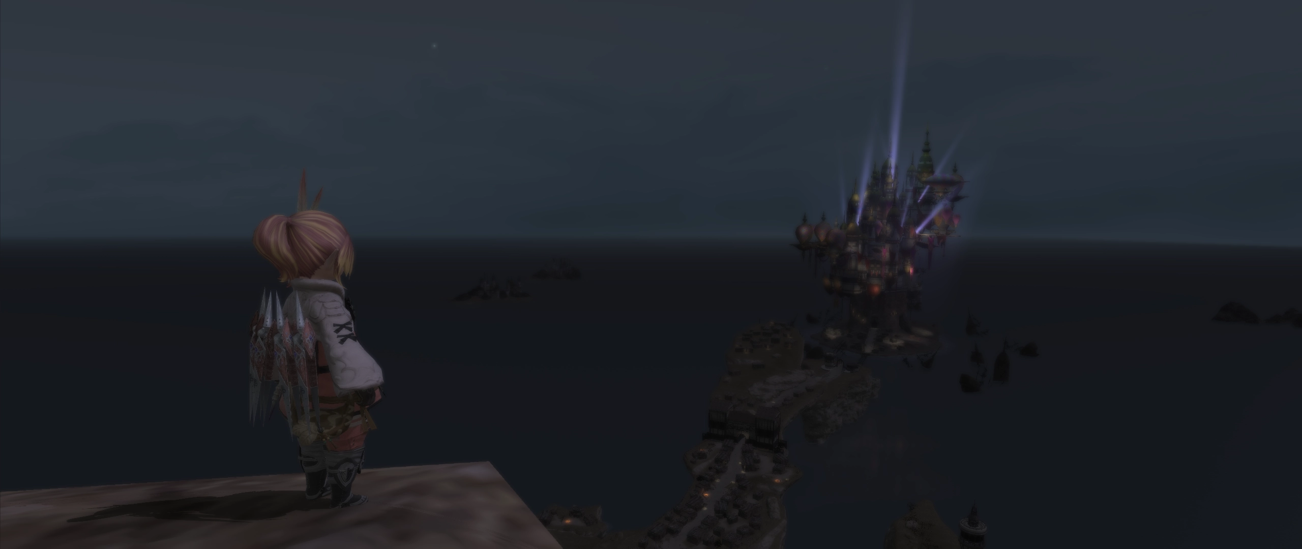 A Lalafell standing on a edge of a cliff gazing towards Eulmore