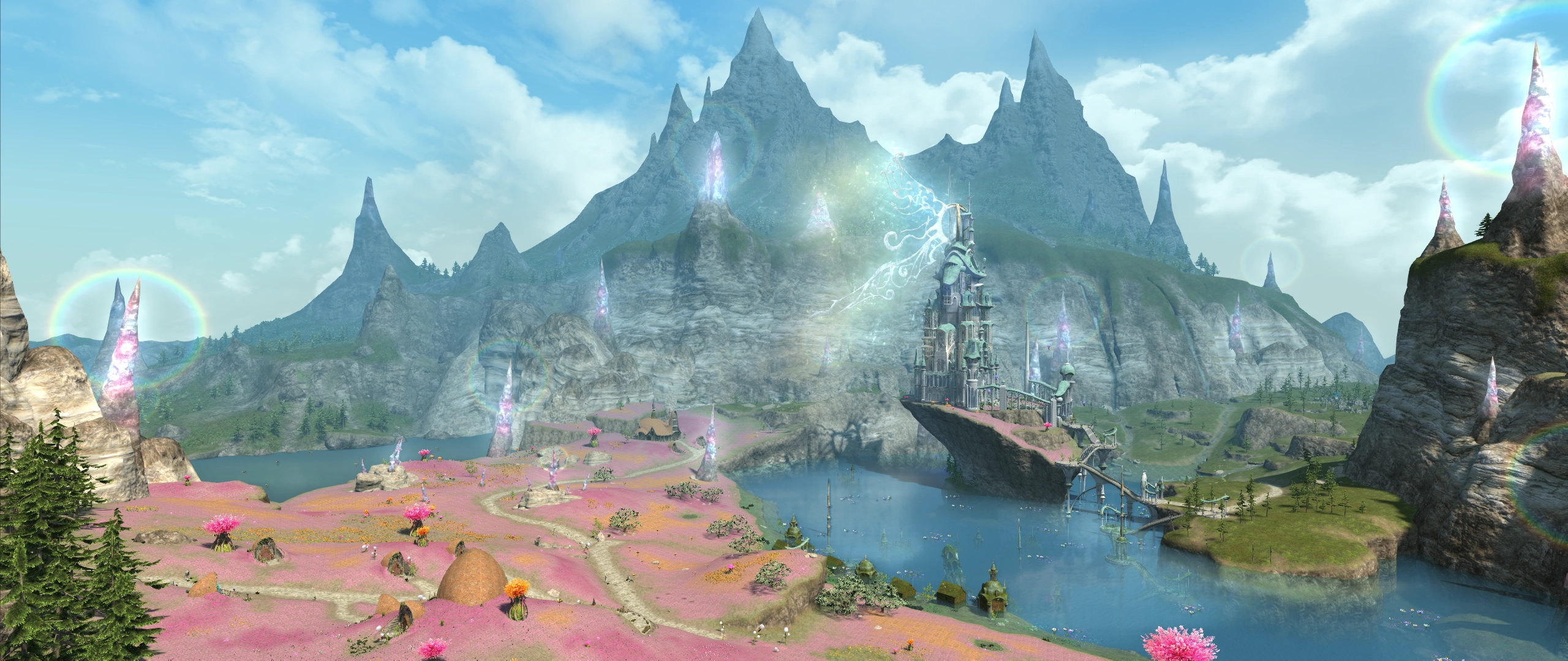 A vast area with pink fields and a large castle